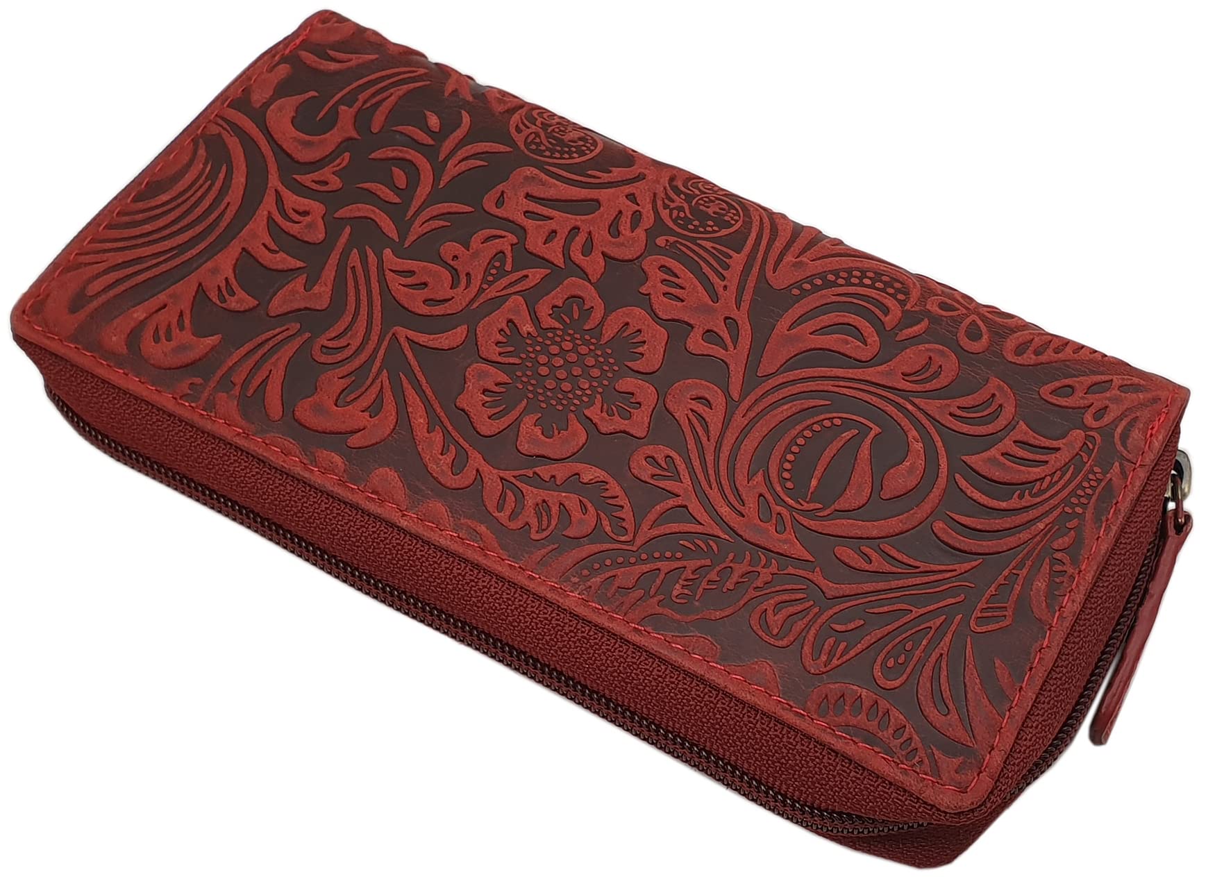 myledershop Large Leather Womens Purse with Beautiful Liana Pattern with Zipper with RFID & NFC Blocking (Cherry Red)