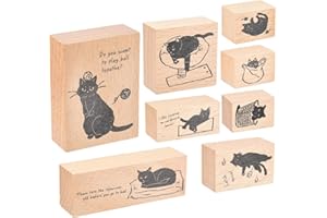 MECCANIXITY 8 Pcs Wood Cat Stamps, 6 Size Wooden Rubber Stamps Cat Dance Lightly Pattern Vintage Kitten Style for Decoration 