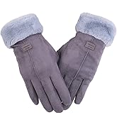 F Flammi Women's Winter Suede Gloves with Fur Cuffs - Soft, Warm, Touchscreen, Fleece Lined