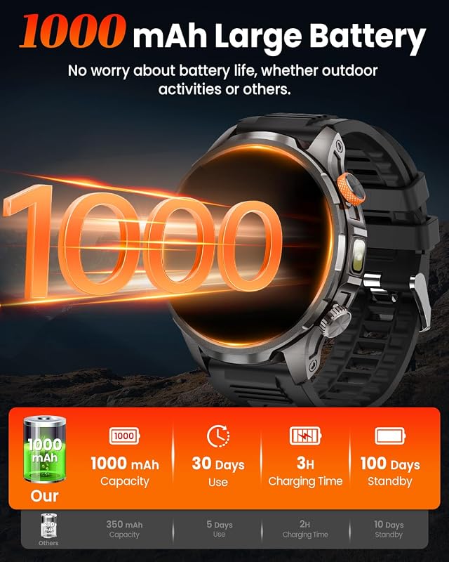 Smartwatch Herren Militär mit 1000mAh und LED Taschenlampen (Orange) — Foto 2 von 8