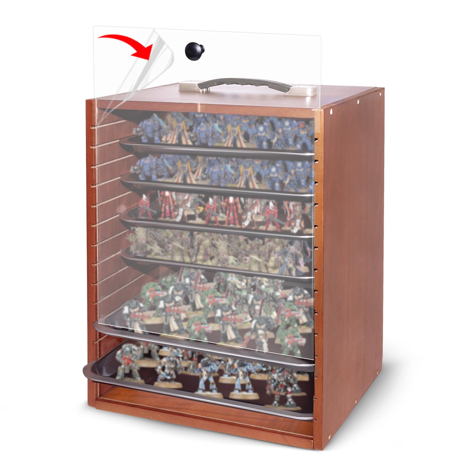 SUNDOY Miniature Carrying Case for Collectibles, Wooden Miniature Storage & Display Case, Portable Figure Model Holder & Transport Box (Reddish-brown)