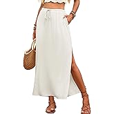 ELLEVEN Linen Straight Maxi Skirt with Side Slit - Elastic Waist Drawstring Long Flowy Ankle-Length Skirt with Pockets