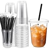 Ziliny 50 Set 16 oz Clear Plastic Cups with Lids and Straws, PET Disposable Iced Coffee Cups for Drinking Cold Beverage Juice Parfait Smoothie Milkshake Coffee Shops Party Supplies(Clear)