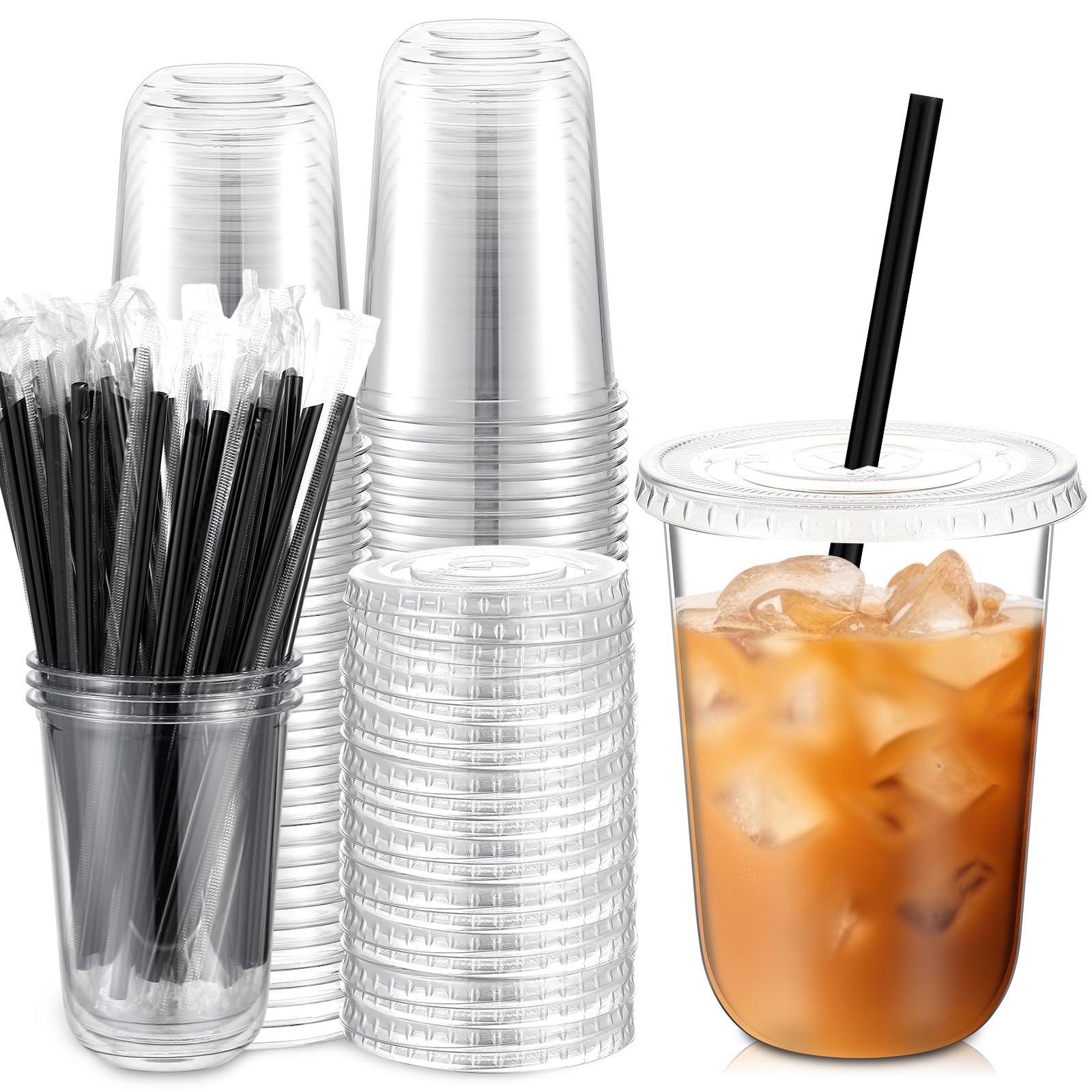 Photo 1 of Ziliny 50 Set 16 oz Clear Plastic Cups with Lids and Straws, PET Disposable Iced Coffee Cups for Drinking Cold Beverage Juice Parfait Smoothie Milkshake Coffee Shops Party Supplies(Clear)