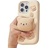 TUFTA Kawaii 3D Teddy Bear Phone Case for iPhone 12 Pro Max (with Retractable Phone Stand & Grip) Cute Girly Cartoon Soft Silicone Phone Cover for Girls, Kids, Teens, and Women, Beige