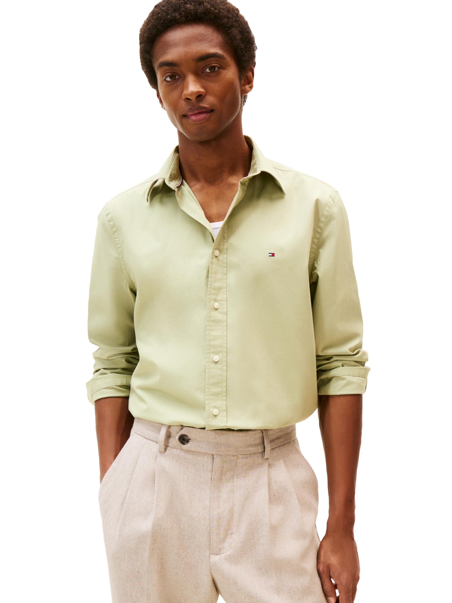 Tommy Hilfiger Mens Long Sleeve Poplin Shirts in Regular Fit, Men’s Button Down Shirts, Also Available in Big and Tall Earth SAGE XX-Large