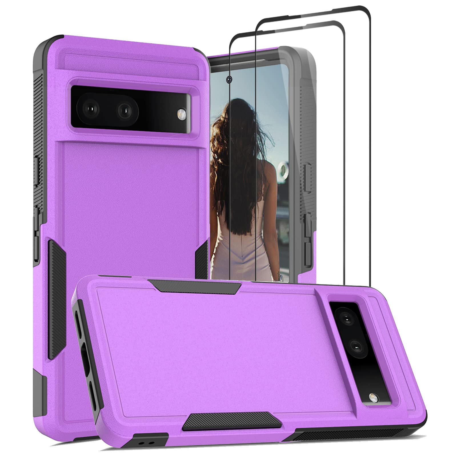Jeylly for Google Pixel 7 Case, Pixel 7 Cover with 2 x Screen Protector, Lightweight Silicone Bumper Flexible TPU Hard Tough Matte Back Dual Layer Shockproof Protective Phone Case, Purple — image 1