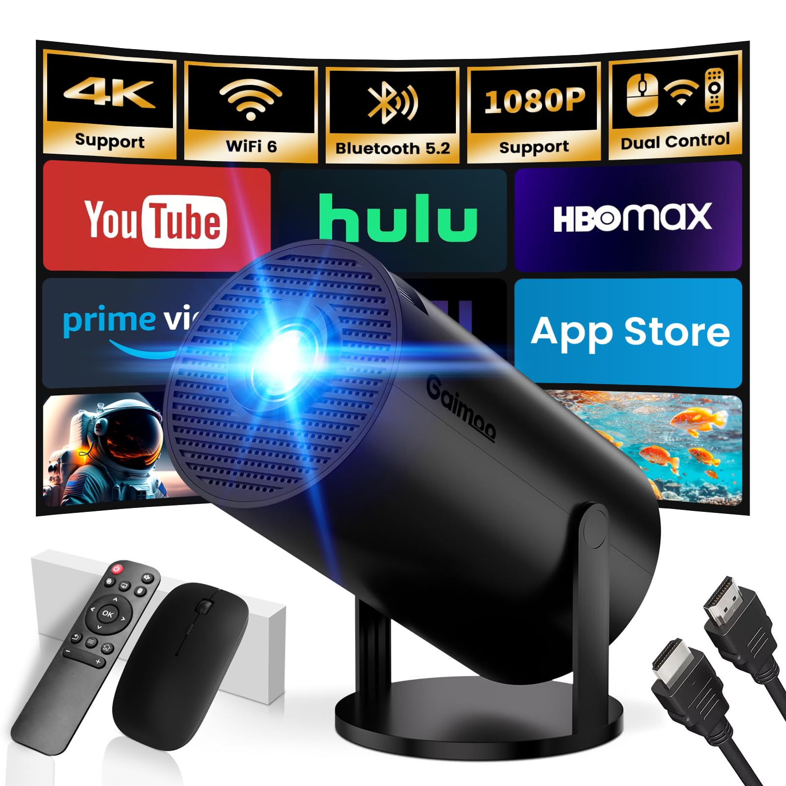 Photo 1 of **USED** Mini Projector with WiFi and Bluetooth Built-in Apps Smart Projector Support 4K 1080P FHD 180° Adjustable Auto Keystone Compatibile with HDMI/TV Stick/Memory Stick/Laptop, Black