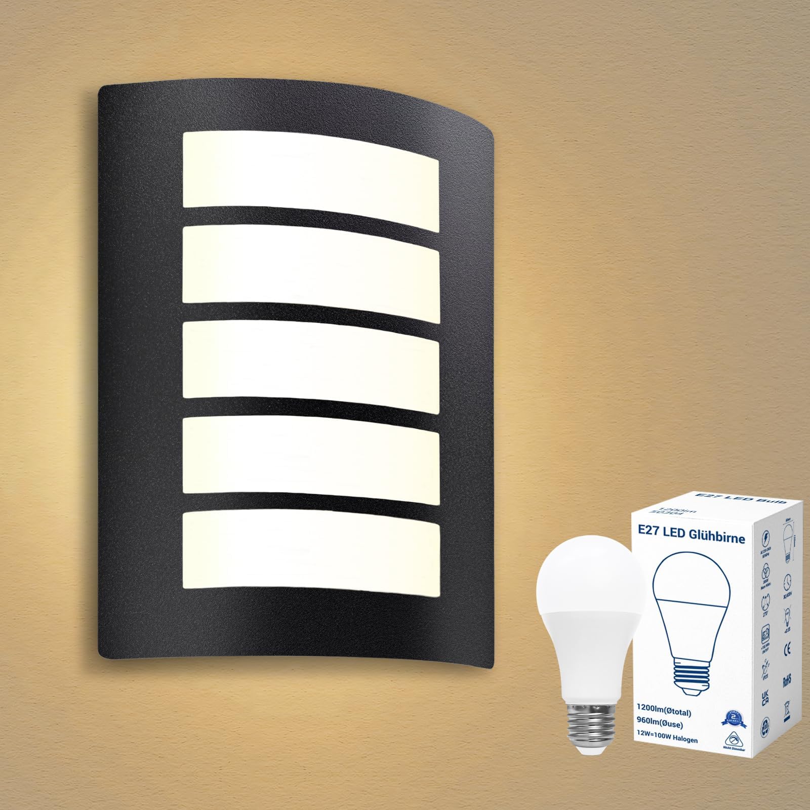 Allesgute Outdoor Wall Lights, Curved Outside Lights Mains Powered, Matte Black IP44 Weatherproof Wall Lamp for Patio, Front Door, Porch. Includes 1x 12W E27 LED Bulbs in Warm White