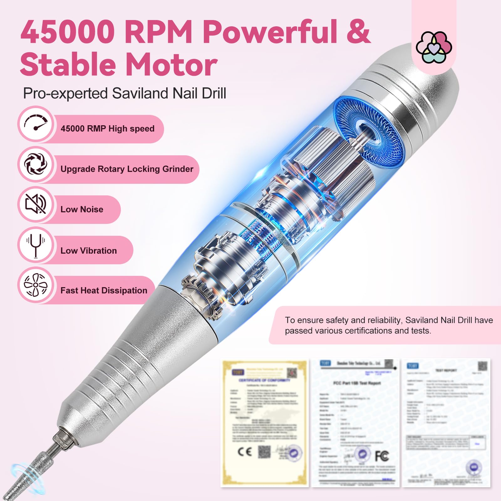 SAVILAND Electric Nail Drill Professional : 2024 Pro Portable Nail Drill for Hard Acrylic Nails Removing, Rechargeable 45000RPM Nail drill Machine for Manicure Pedicure Salon Nail Tech Must Have - Image 2