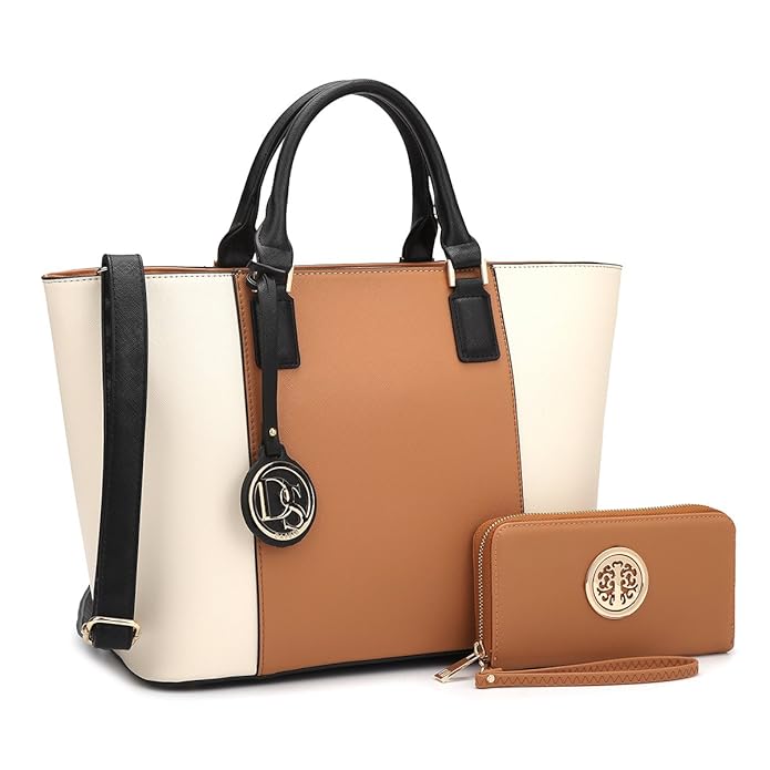 Dasein Women's Top Handle Structured Two Tone Tote Bag Satchel Handbag Shoulder Bag With Shoulder Strap (6417 Brown/Beige)