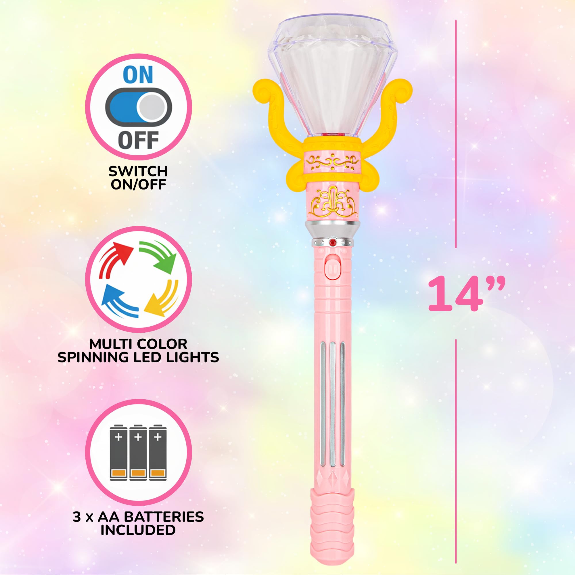 ArtCreativity Light Up Spinning Diamond Princess Wand for Kids - Fairy Wand with Spinning LEDs, Batteries Included - Light Up Wands for Girls and Boys, Perfect Pretend Play Toys