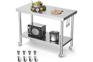 CHIEFINCH Stainless Steel Table 48×24 Inches Metal Work Table with Caster Wheels & Undershelf, Commercial Workstations, Utility Table for Home Kitchen Restaurant Garage Laundry Room Outdoor (48" x 24")