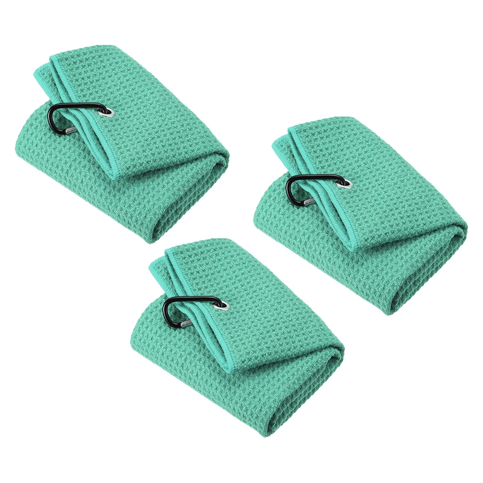 PATIKIL 16"x16" Tri-Fold Golf Towels, 3 Pack Waffle Pattern Towels Soft Fiber Strong Water Absorption with D Clip for Golf Lovers, Green