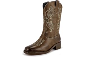 ISNOM Cowgirl Cowboy Boots for Women, Western Boots with Square Toe, Pull-on Tab and Unique Embroidery Design