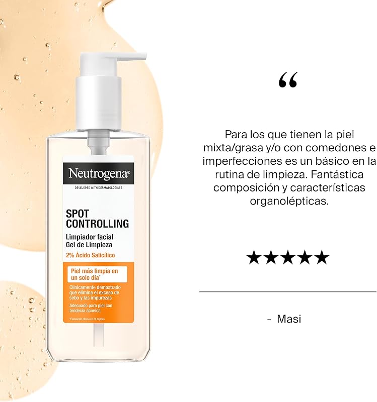 Spot Controlling Limpiador Facial 2% Ácido Salicílico (200 ml), jabón facial para pieles propensas al acné, gel limpiador suave de uso diario