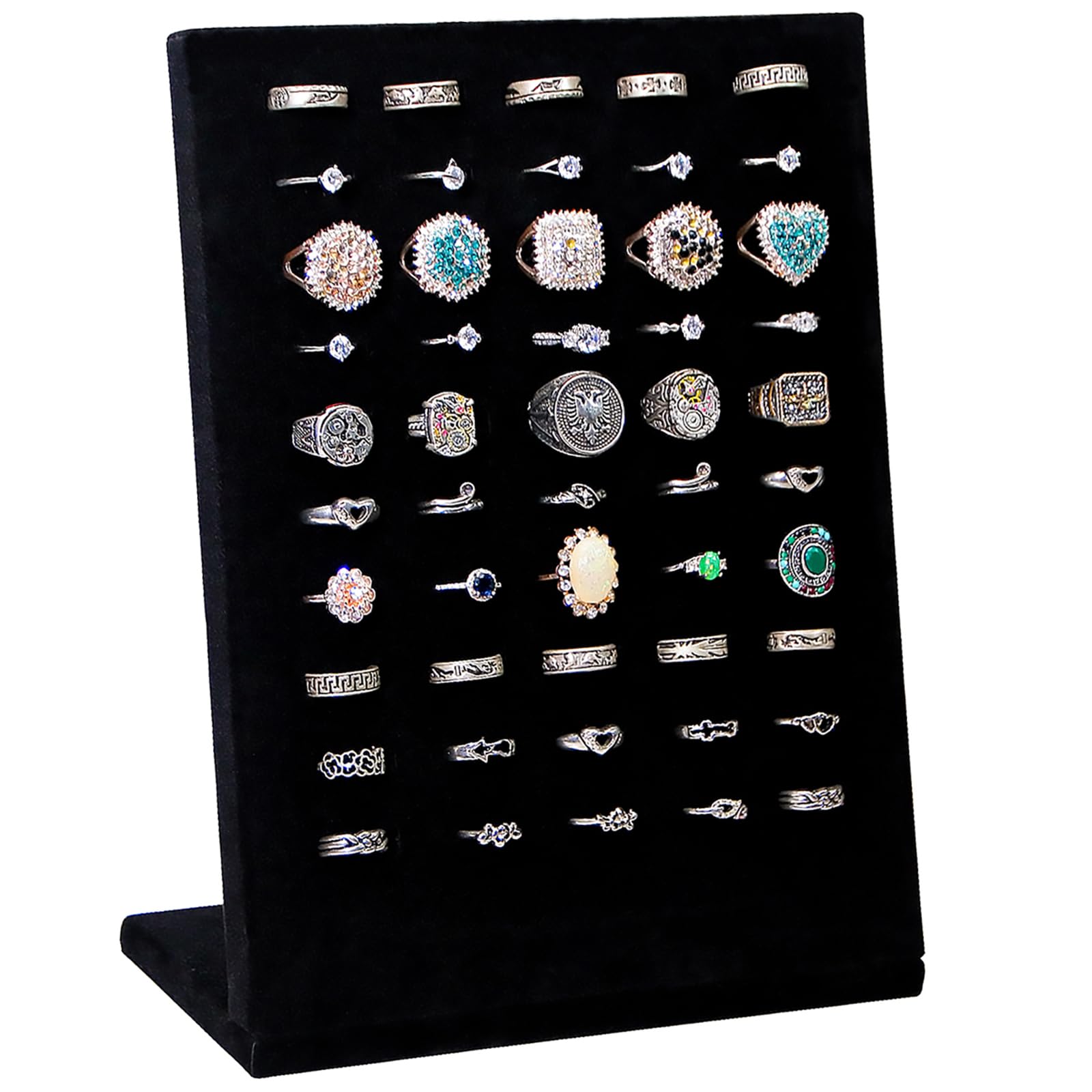 Photo 1 of **DAMAGE TO THE BOX**KunGe Ring Display Stand, Velvet Ring Holder, 50 Slots Rings Organizer Jewelry Display Tray, L-Shaped Jewelry Organizer Stand for Rings Earrings Selling (Black 1Pcs)