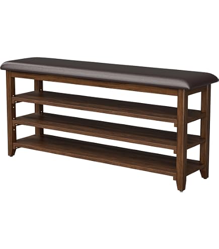 HOOTSMALL Wooden Shoe Storage Bench With Cushion – 2-Tier Rack, Walnut Brown & Black, 39.4" Long - View #6