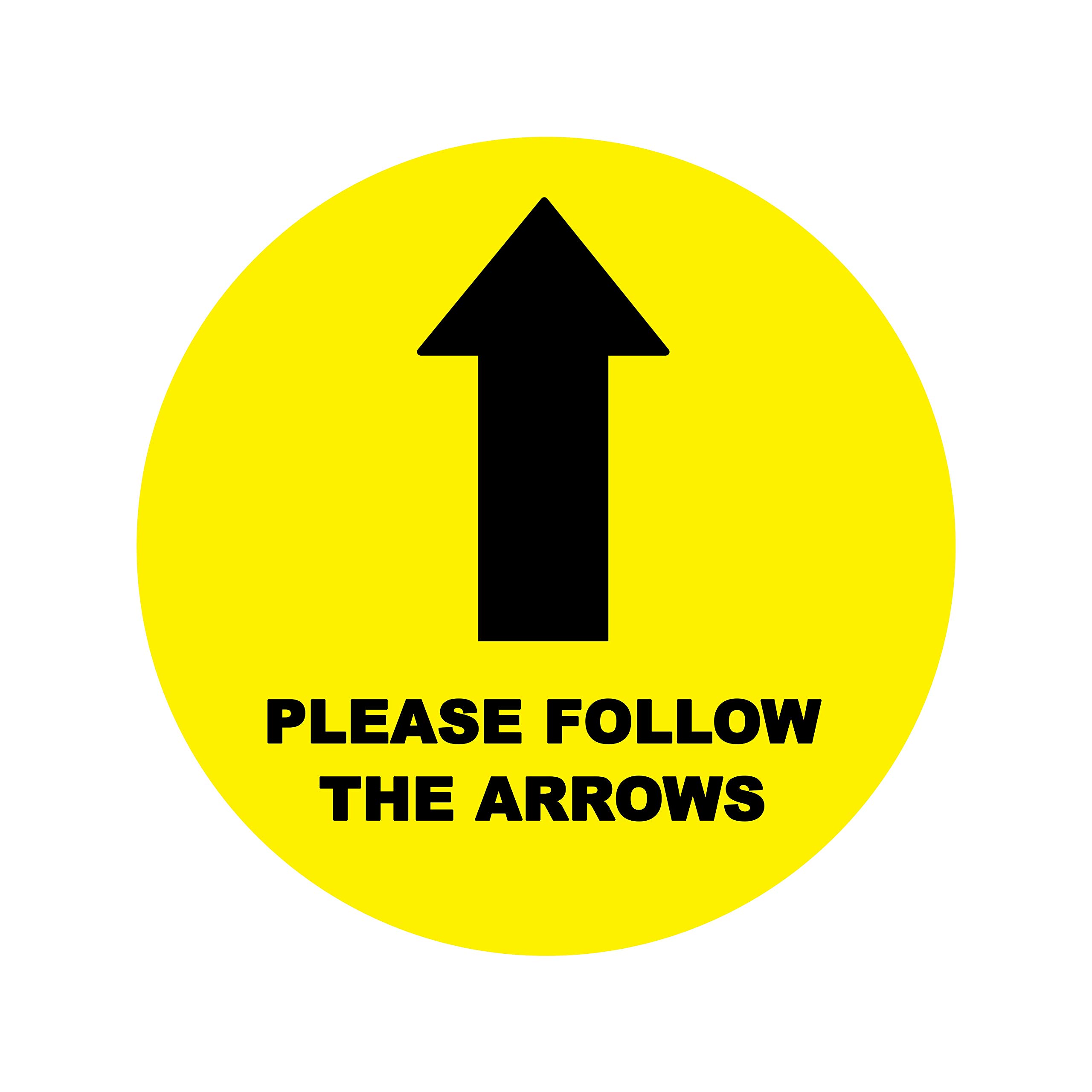 4 x please follow the arrows yellow - social distancing landscape floor safety sign self adhesive vinyl weather proof label sticker - 15cm x 15cm - (SC-13)