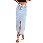 Women's High Waist Stretch Maxi Denim Skirt Front Split Frayed Raw Hem A line Casual Long Jean Skirt