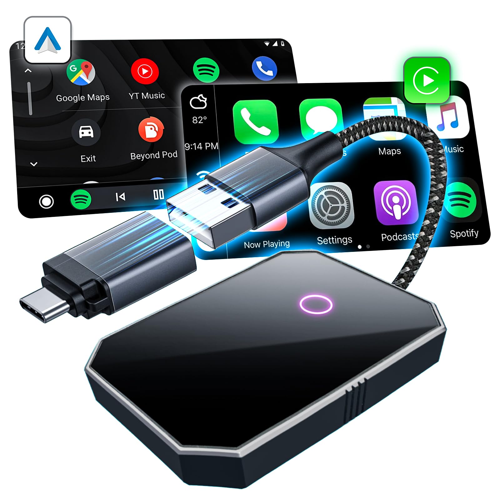LONHEO Car Wireless Adapter, 2-in-1 CarPlay Android Dual System Dongle Convert Wired to Wireless, Plug & Play, BY960M