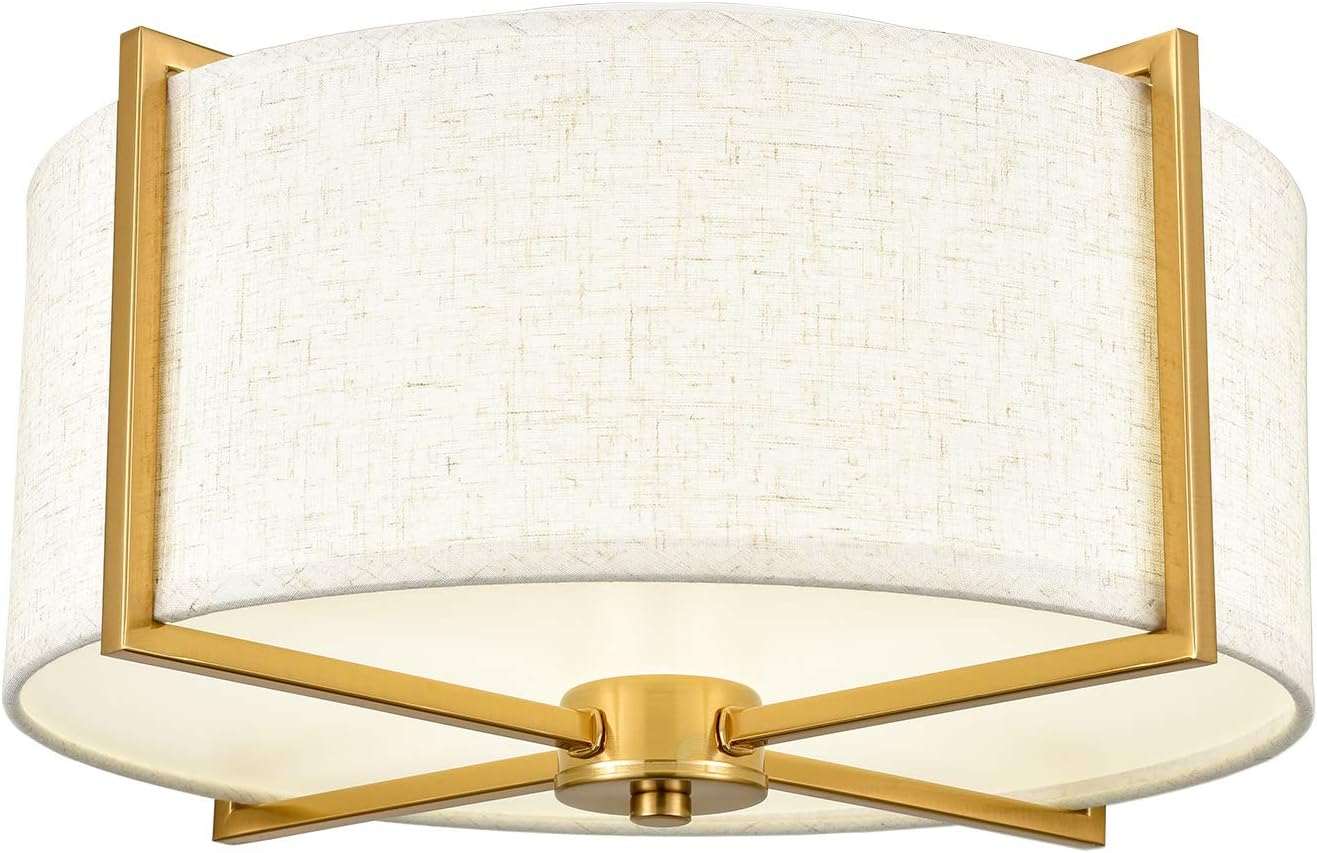 Mid Century Fabric Drum Shade Gold Flush Mount Ceiling