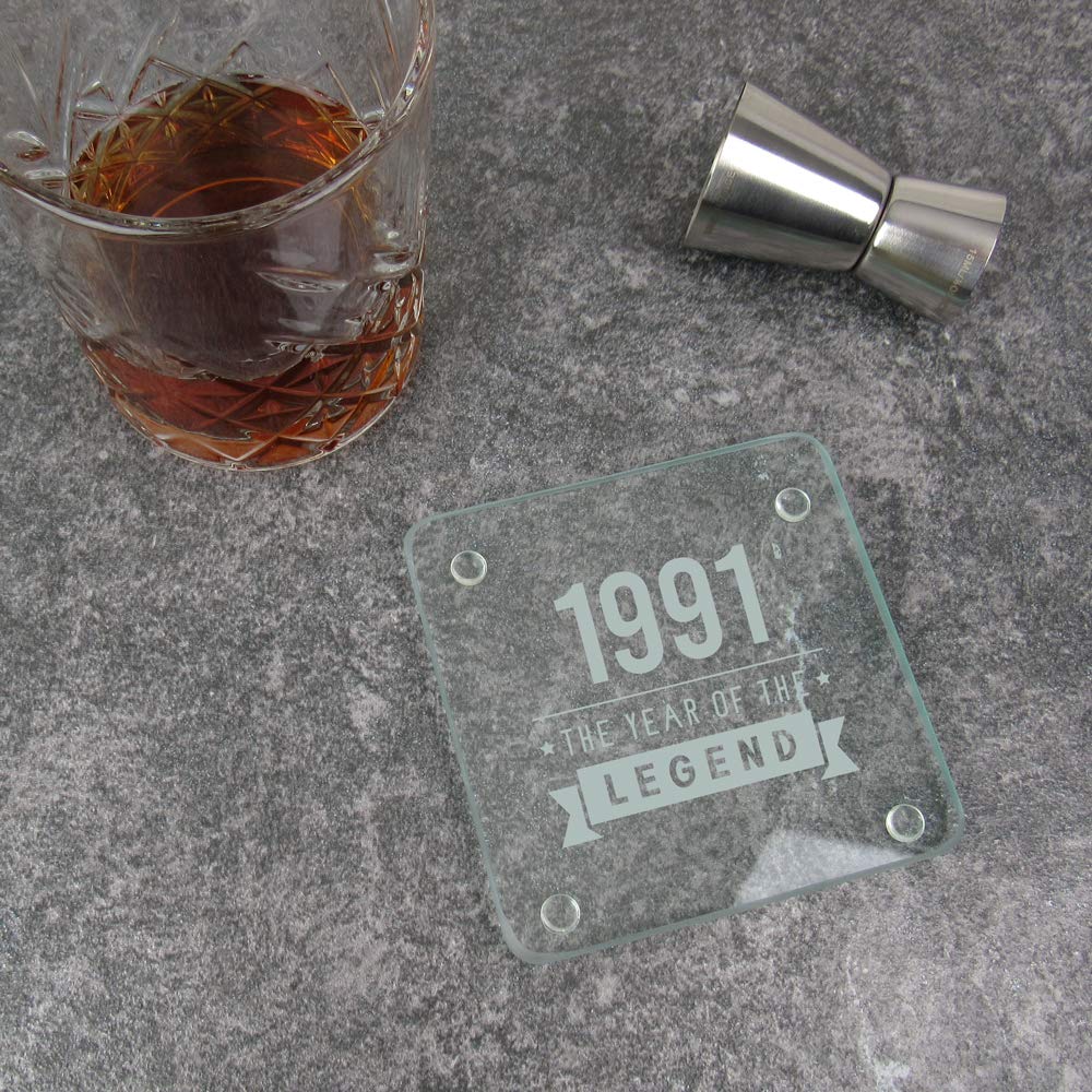 eBuyGB Drinks Mat, Placemat Engraved Square Coaster-1991 Year of The Legend Design-30th Birthday, Men-Thirtieth Gift for Dad, Uncle, Brother, Glass