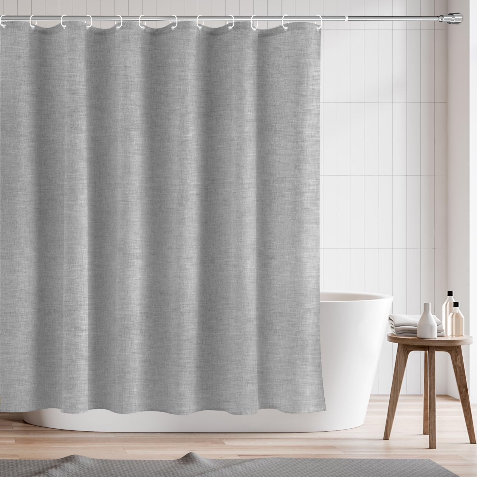 RAYNEAY Natural Linen Water-resistant Shower Curtain, 182x182cm Heavy Duty Fabric Linen Textured Shower Curtain with Weighted Hem and Hooks for Bathroom Wet Room Bathtub (Grey)