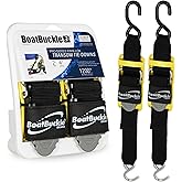 BoatBuckle Pro-Series Transom Tie Down Straps w/Boat Pads, 2in x 4ft, 2-ct | Includes Boat Protection Pads | Fits Boats, Jet 
