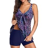 Yonique Women 2 Piece Flowy Tankini Swimsuits with Boyshorts V Neck Swim Tank Tops Bathing Suits Modest Swimwear