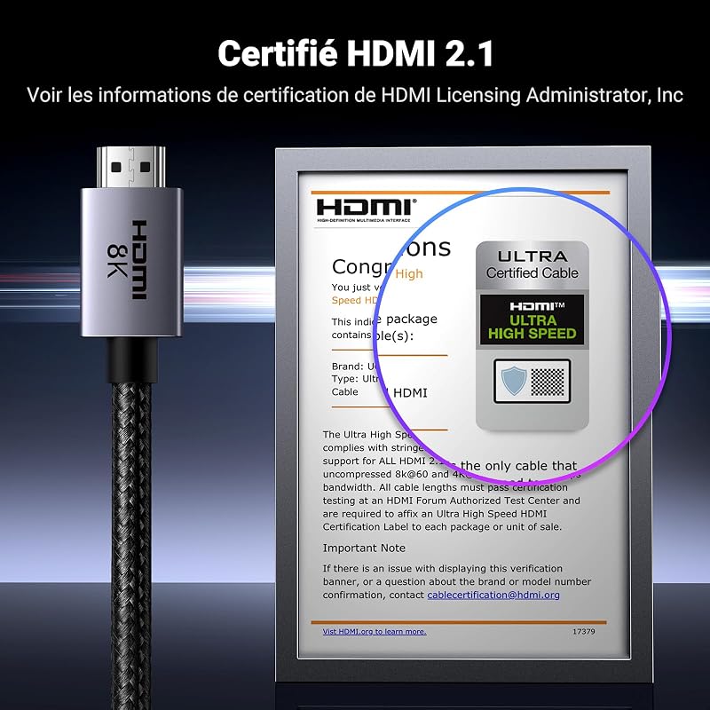 8K Câble HDMI 2.1 Certifié 10K 8K 60Hz Haute Vitesse 48Gbps (2M)