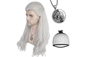 Anogol Hair Cap+( 1 Necklace ) Silver White Wig Cosplay for Men Long Silver White Wavy Wigs with Necklace Costume Wig for Halloween