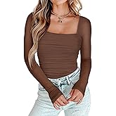 PINKMSTYLE Womens Square Neck Mesh Long Sleeve Bodysuit Shapewear Corset Tops Sexy Concert Outfits Party Shirts