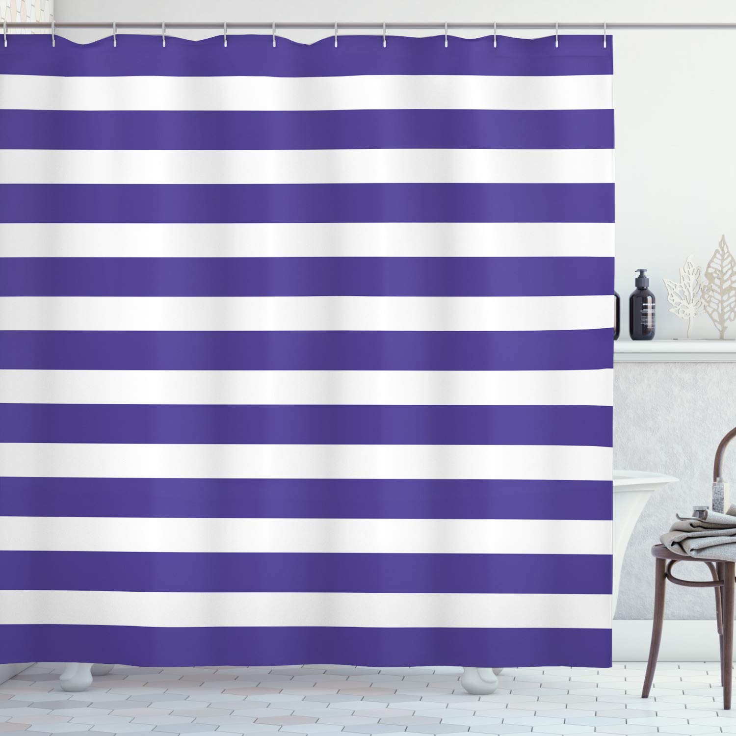 ABAKUHAUS Striped Shower Curtain, Nautical Marine Style Navy Blue and White Sailor Theme Geometric Pattern Art Print, Cloth Fabric Bathroom Decor Set with Hooks, 78 Inches, Purple