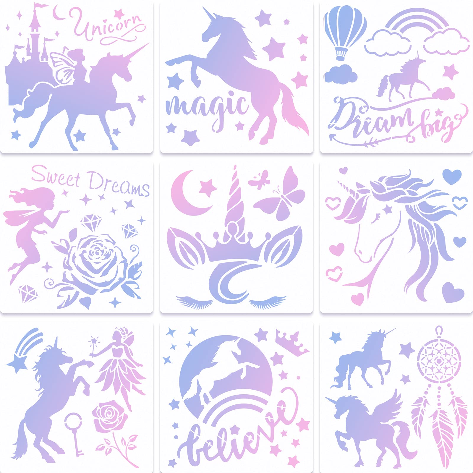 9 Pieces Unicorn Stencils Painting Templates Craft for Arts Card Making Journal Scrapbooking DIY Furniture Wall Floor Painting on Wood Fabric (12 x 12 Inches)