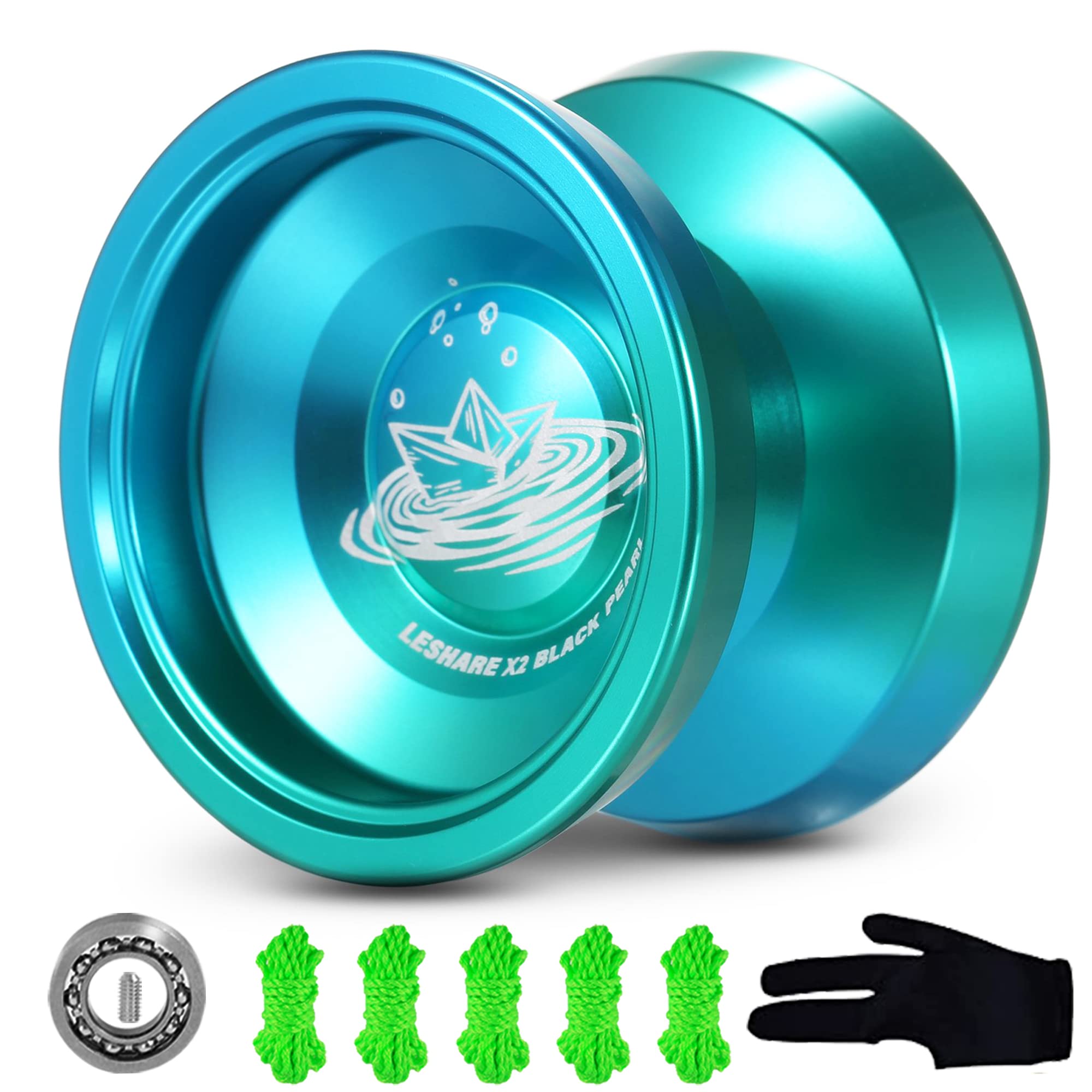 LESHARE Professional Unresponsive Yoyo for Pros and Responsive Yoyos for Beginners - Replaceable Unresponsive Bearings, Gloves, and 5 Cords Included (Blue Green)