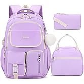 DIGOBAY Backpacks for Girls, 3PCS School Backpack with Lunch Box Pencil Pouch for Teen Girls Kids Elementary Primary Middle High College Daypack School bag Bookbag Set（Purple）