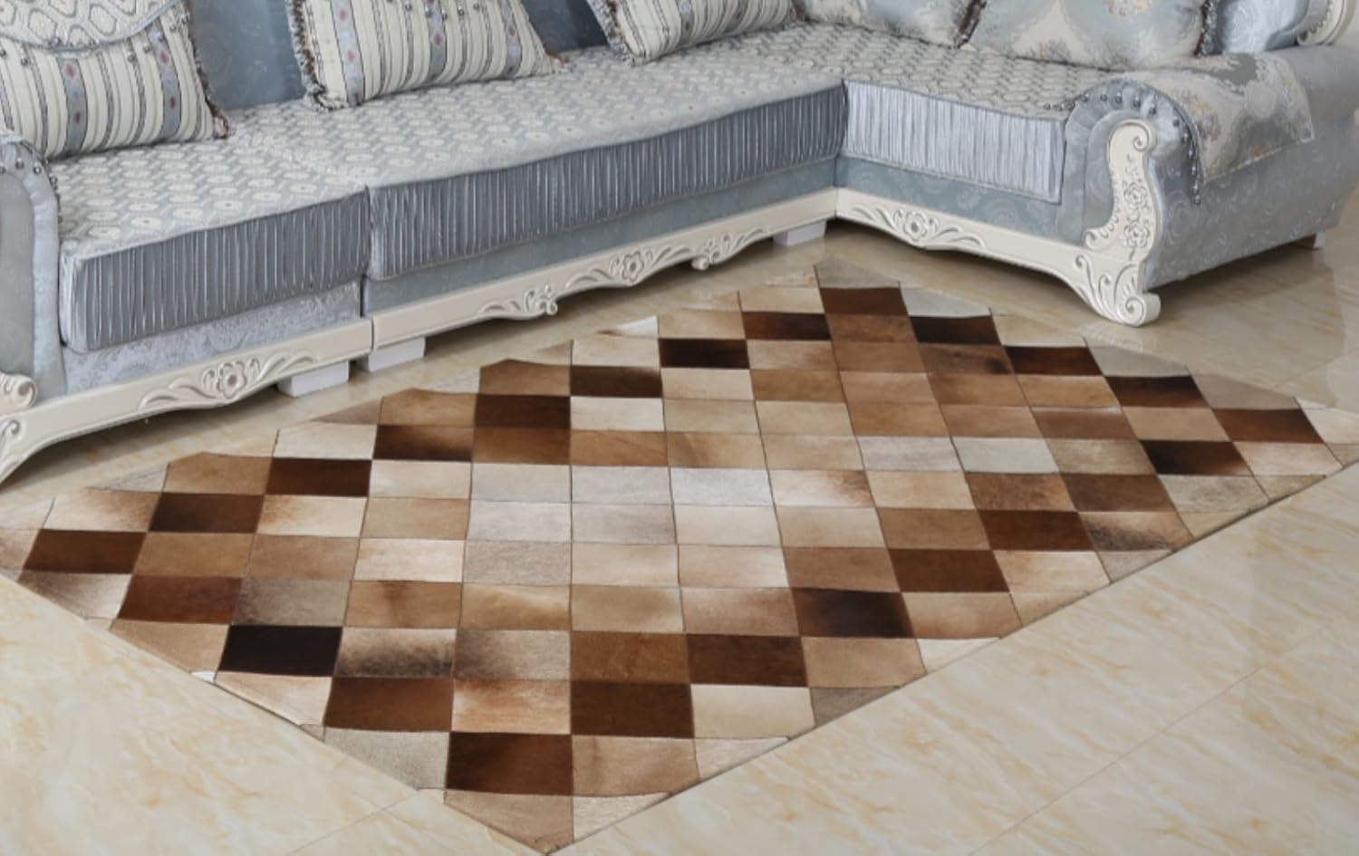 Handstiched Genuine Cowhide Leather Patchwork Rug for