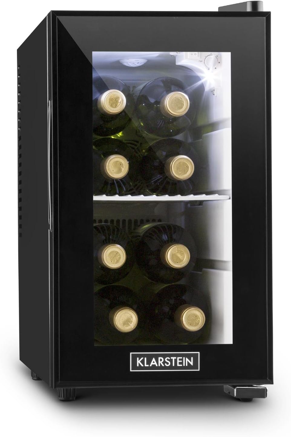 Klarstein Beerlocker S - Mini Kühlschrank, Getränkekühlschrank, 21 Liter, doppelt isoliert, 1 Metalleinschub, LED-Innenbeleuchtung, freistehend, 70 Watt, seitliche Griffmulde, schwarz