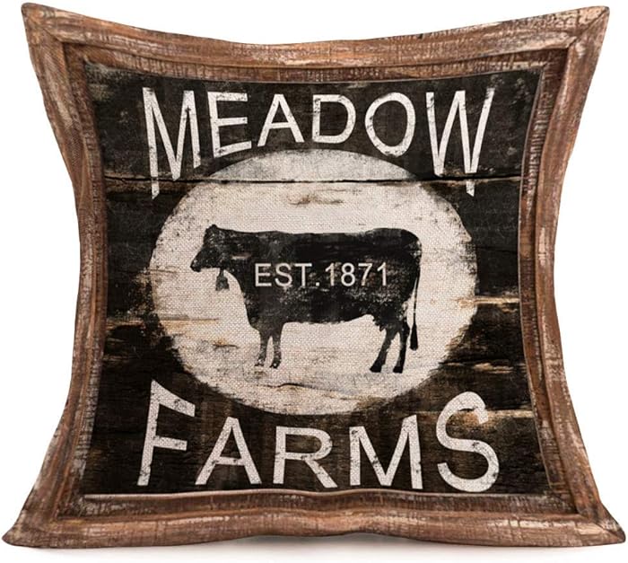 YANGYULU Rustic Farmhouse Decorative Throw Pillow Covers Vintage Dark Wood Grain with Animal Farm Meadow Dairy Cow Cotton Linen Words Pillowcase Decor Home Couch 18"x18" (Meadow Dairy Cow)