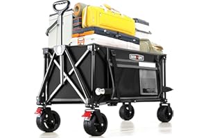 Overmont Foldable Collapsible Wagon Cart - Heavy Duty Utility Beach Wagon with Rotatable Wide Wheels - 180L Large Capacity wi