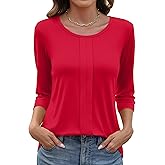 LOMON 3/4 Length Sleeve Womens Tops Casual Crewneck Spring Summer Pleated Tunic Tops Beach Vacation T Shirts
