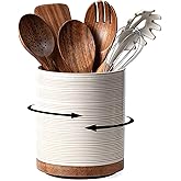 Utensil Holder, 360° Rotating Extra Large Ceramic Kitchen Utensil Holder for Countertop, 7.3“ Cooking Utensil Crocks for Kitchen Counter with Rotatable Wooden Base, Farmhouse Decor, Arctic White