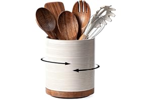 MIKIGEY Utensil Holder, 360° Large Ceramic Kitchen Utensil Holder for Countertop, Cooking Utensil Crocks for Kitchen Counter with Rotatable Wooden Base, Farmhouse Kitchen Decor, Arctic White
