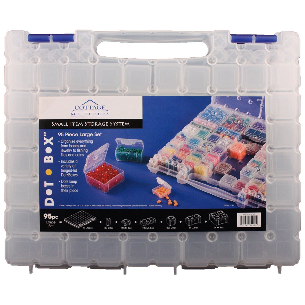Cottage Mills DotBox® Large Set 95 pc from 94 storage boxes in a carrying case. It’s the ultimate small item storage system. Perfect for bead, jewelry, craft and small part storage.