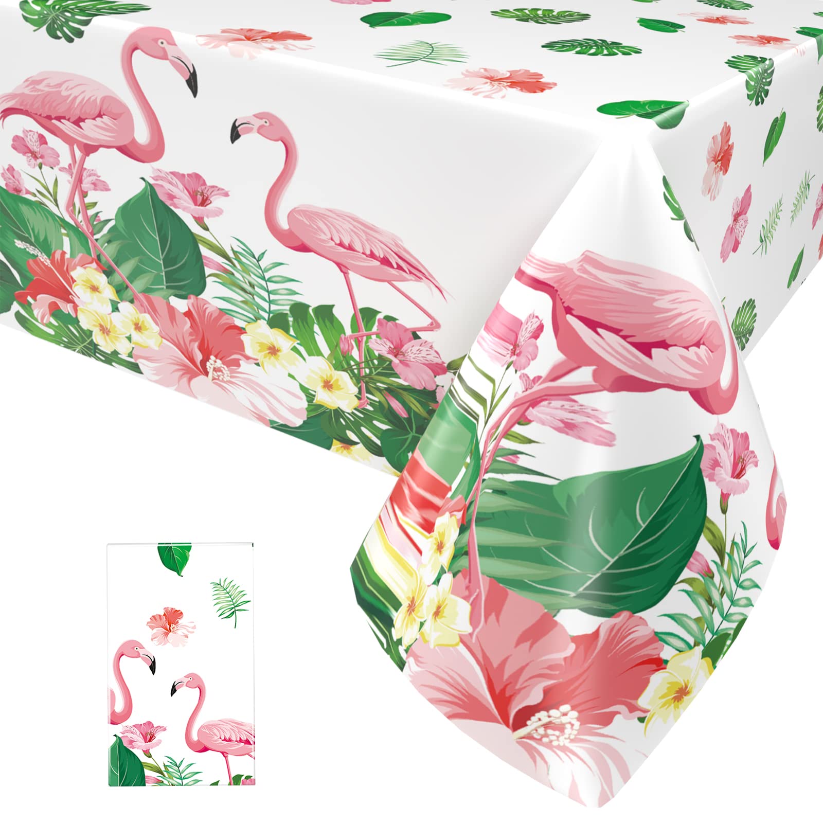Paready Flamingo Tablecloth, Disposable Tablecloths with Leaves Flower, Plastic Table Cover for Baby Shower Summer Birthday Hawaiian Party Supplies, 54" x 108"