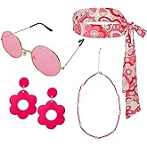 Fumwase 4pcs Hippie Costume Accessories for Women 70s Headband Hippie Earring Sunglasses Choker for 60s 70s 80s Groovy Party