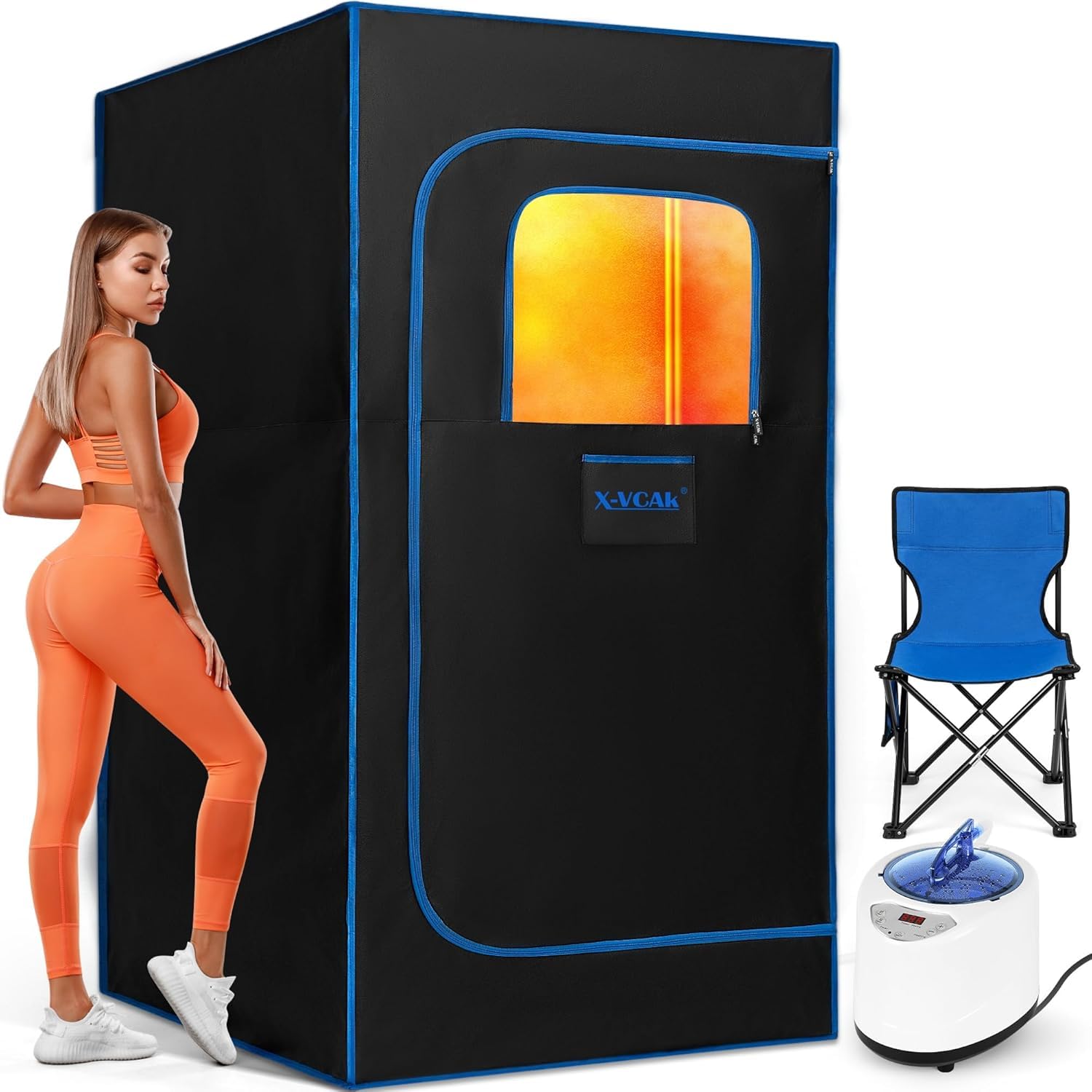 X-Vcak Upgraded Portable Sauna Box for Relaxation, Detoxification, Steam Sauna for Home with Steamer, Remote Control, Folding Chair, 9 Levels, 2.6’ x 2.6’ x 5.9’ Image