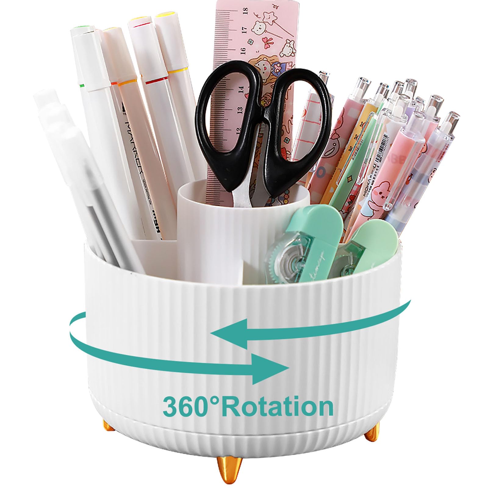 Lenfuos Rotating Pen Pencil Holder Desk Organiser - 360 Degree Pencil Pots Makeup Brush Holder with 5 Compartments for Home Office Supplies Desktop Tidying and Stationary Storage (White) — image 1
