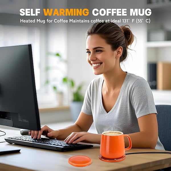 USBERG SMART-WARMING CERAMIC COFFEE CUP, 4H TEMPERATURE CONTROL WITH AUTO SHUT OFF, 15W WIRELESS CHARGER COASTER, HOT BEVERAGE WARMER WITH SPLASH-PROOF LID, 380ML/12.8 FL OZ (ORANGE)
